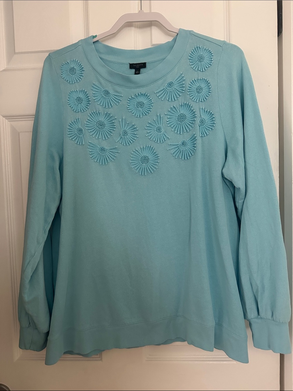 Talbots Aqua Blue Floral Appliqué Pullover